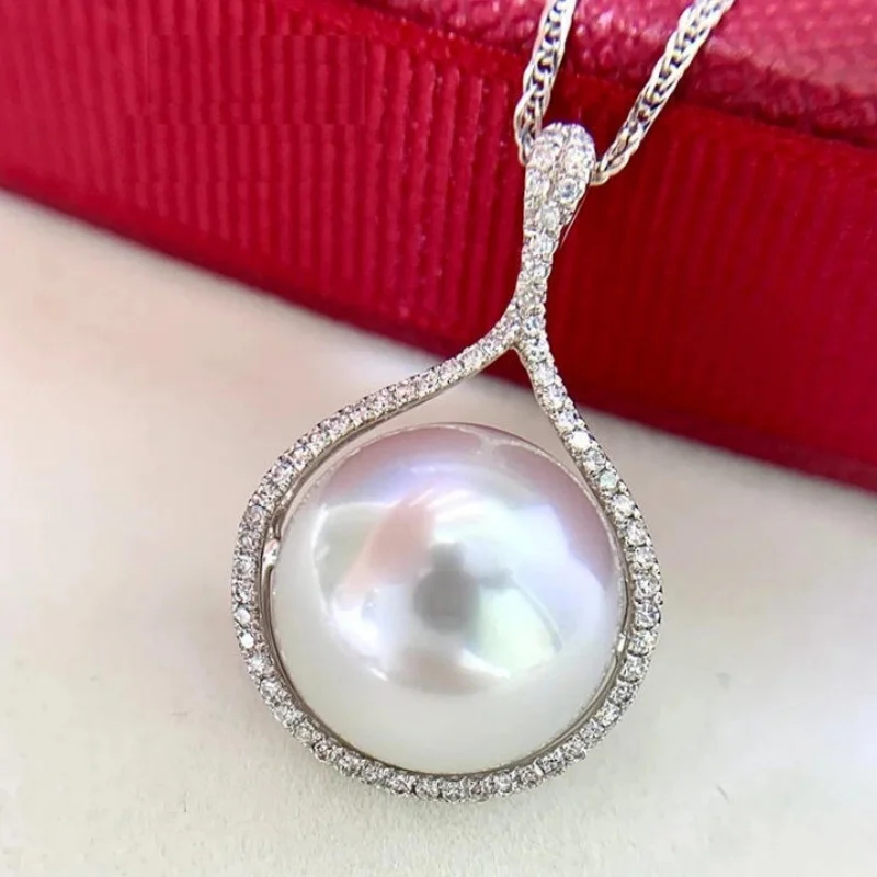 Gorgeous Oversized AAA+ 11-12mm South Sea White Circular Pearl Pendant Necklace 18 Inch 925S Sterling Silver