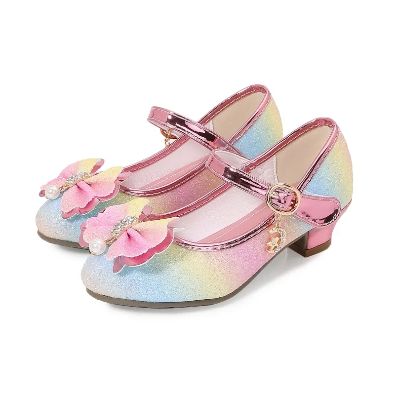 Children High Heels Spring Autumn Sequins Bowtie Girls Princess Leather Shoes Fashion Performance Kid School Glitter Dress Shoes