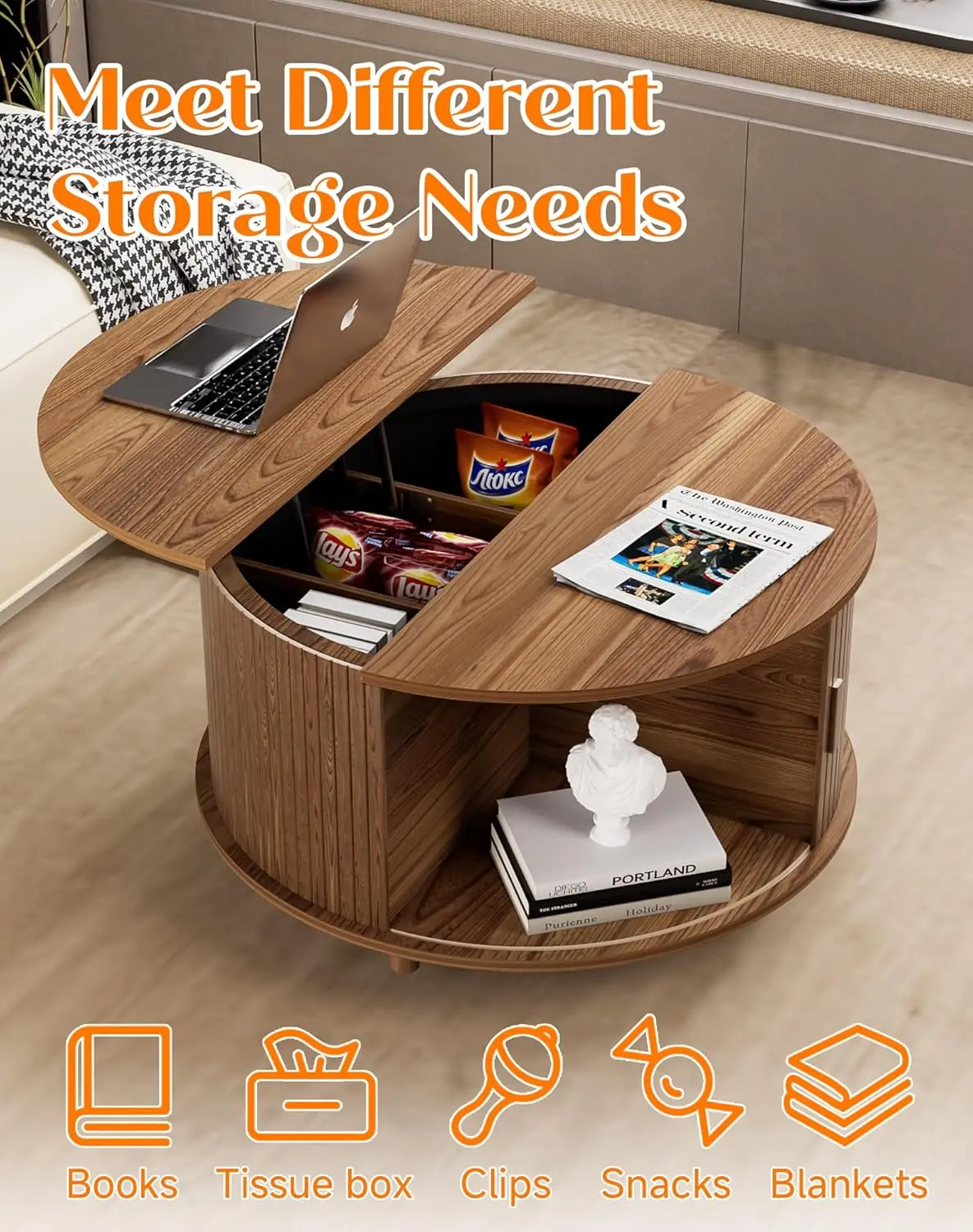 طاولة قهوة مستديرة قابلة للرفع مع مساحة تخزين، طاولة مركزية حديثة لمنتصف القرن مع 180 °   باب الدف المنزلق، مزمار خشبي دائري صغير