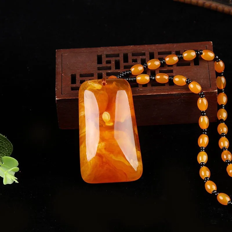 Chinese Yellow Beeswax Sweater Necklace Water Drop Flowers Gourd Leaves Amber Pendant Necklace Men Women Jewelry Sweater Chain