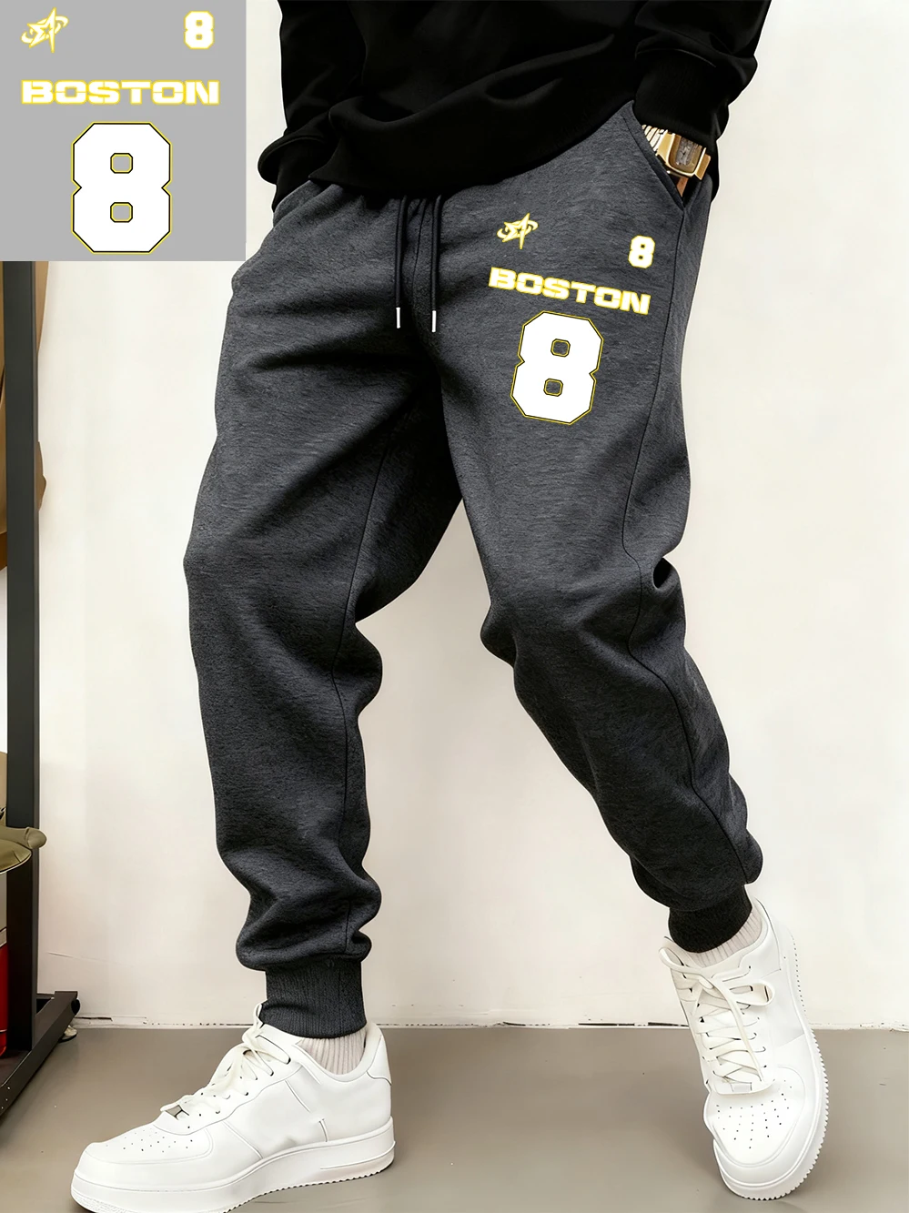 

Boston 8 Star Letter Print Sweatpants Mens Casual Fleece Warm Trousers Winter Oversized Pocket Jogger Pants Basics Male Clothes