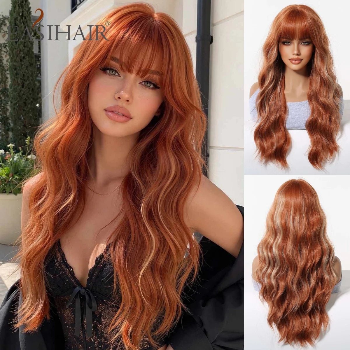 Copper Red with Blonde Highlight Long Wavy Synthetic Wig with Bangs Heat Resistant Natural Looking for Women Daily Party Wear