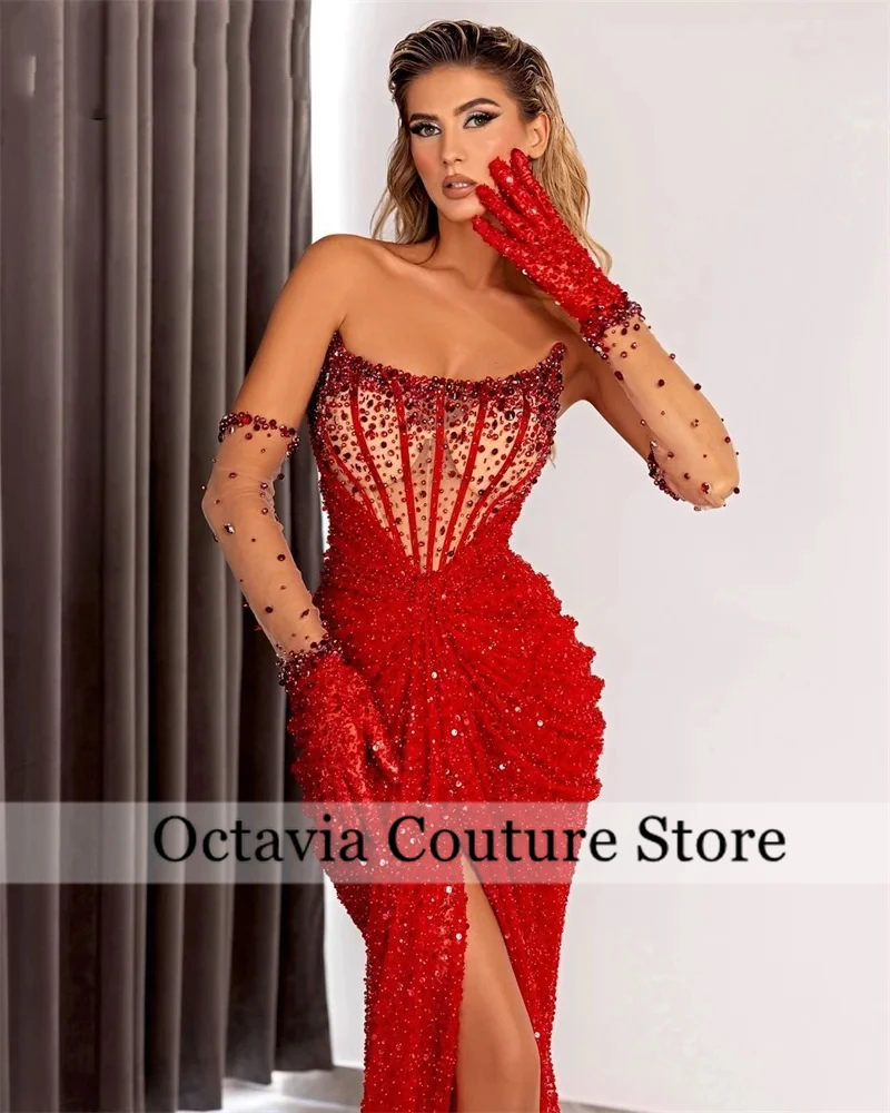 Red Strapless Dubai Evening Dresses Sequin Birthday Dress Women 2024 Bead Crystal With Gloves And Split Formal Gown Customized