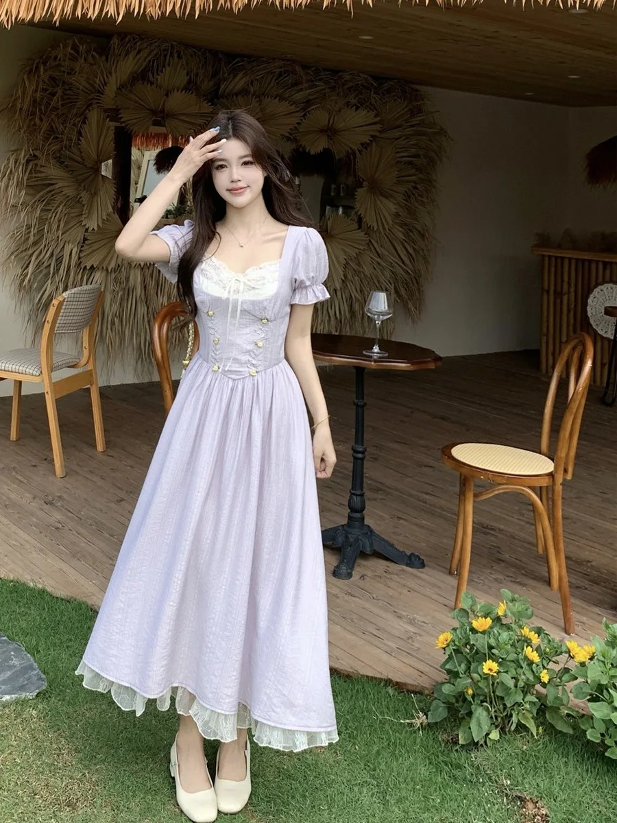 

plus Size Women's Lace Trim Splice Belted Short Sleeve Dress Summer New Style Unique Long Dress High Waist Commute Style Kore...