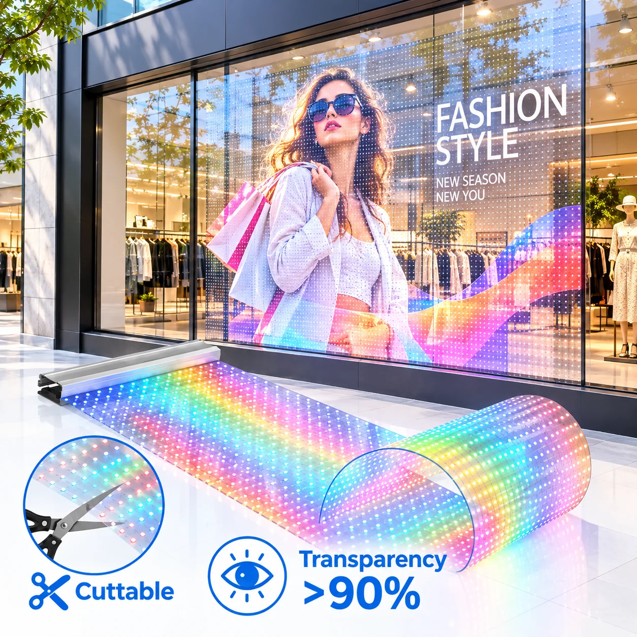 Indoor Transparent LED Film Lightweight Plug And Play Adhesive Flexible Led Crystal Screen Display Panel For Glass Window
