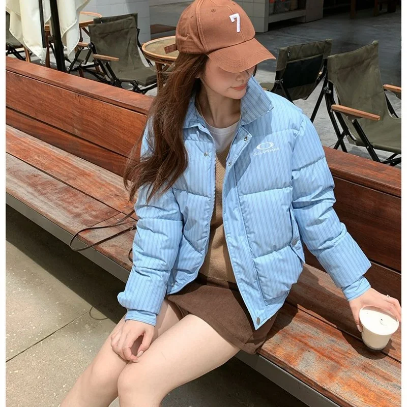 Women Korean Apricot Color Vertical Striped Lapel Cotton Coat Women Snap Buttons Chest Logo Embroidery Short Winter Outer Coat