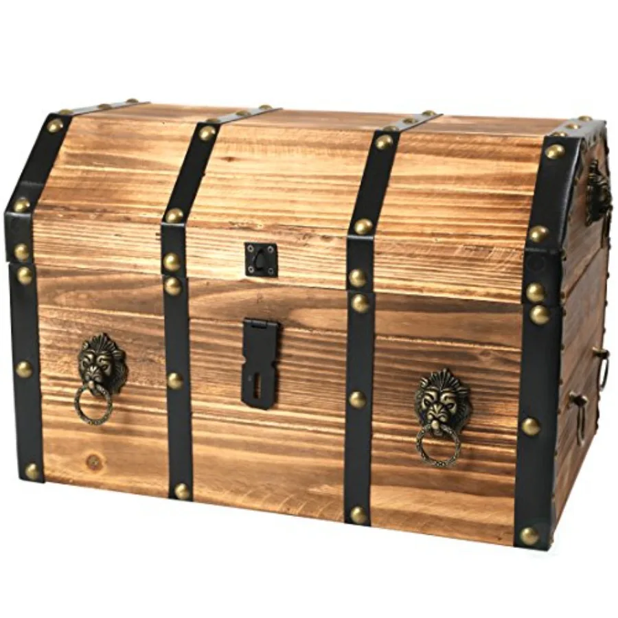 Wooden Treasure Chest Trunk Vintage-Style Storage Box with Leather Straps Brass Rivets Lion Head Ornaments and Latch Closure De
