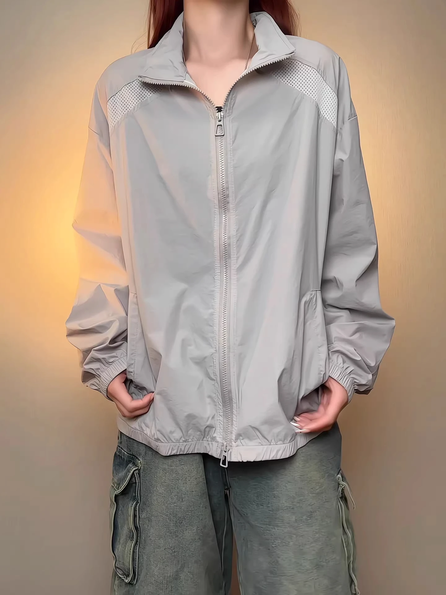 

Grey Mesh Splice Quick Dry Men's Summer Lightweight Breathable Stand Collar Cycling Outfit American Style Outdoor Riding Clothes