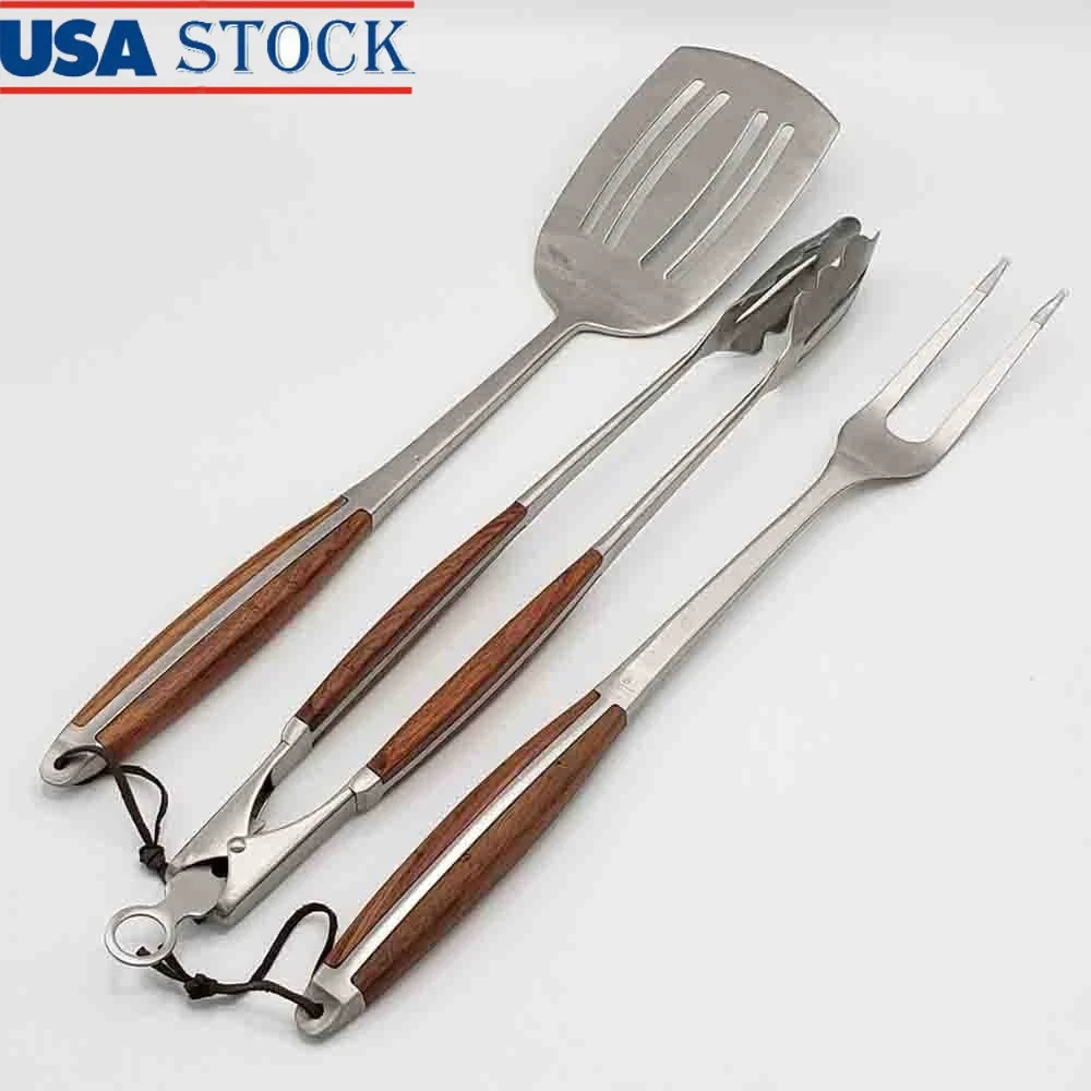 

Luxury 3 Piece Stainless Steel Grill Tool Set with Rosewood Handles Heavy Duty Spatula Fork Tongs Outdoor Cooking