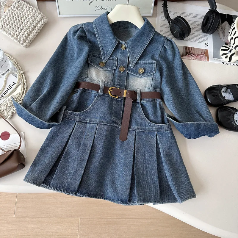

Girls Princess Denim Dress Spring Autumn Clothes New Retro Style Cowboy Dress Kids Polo Collar Long Sleeve Pleated A-line Skirt
