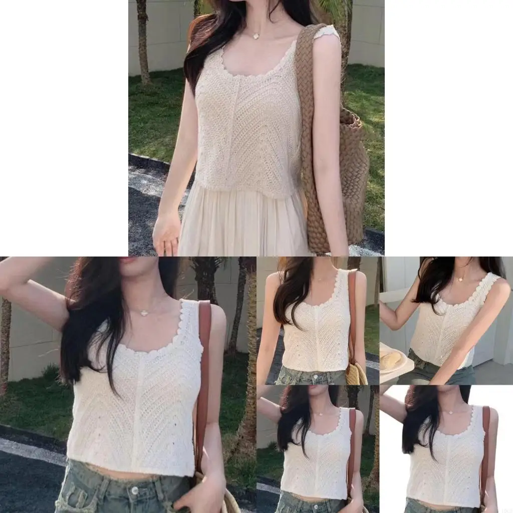 

Stylish Scalloped Trimmed Sleeveless Camisole Women Crochet Knit Cotton Top