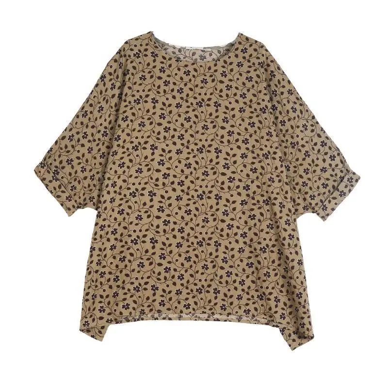 Cotton Linen T Shirts Women Fashion Temperament Print Pullover T-shirt Casual Loose Half Sleeve Oversized Tops Summer Trend Thin