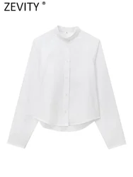 Zevity Women Fashion Stand Collar Breasted White Poplin Blouse Female Long Sleeve Business Slim Shirt Blusas Chic Tops LS7318
