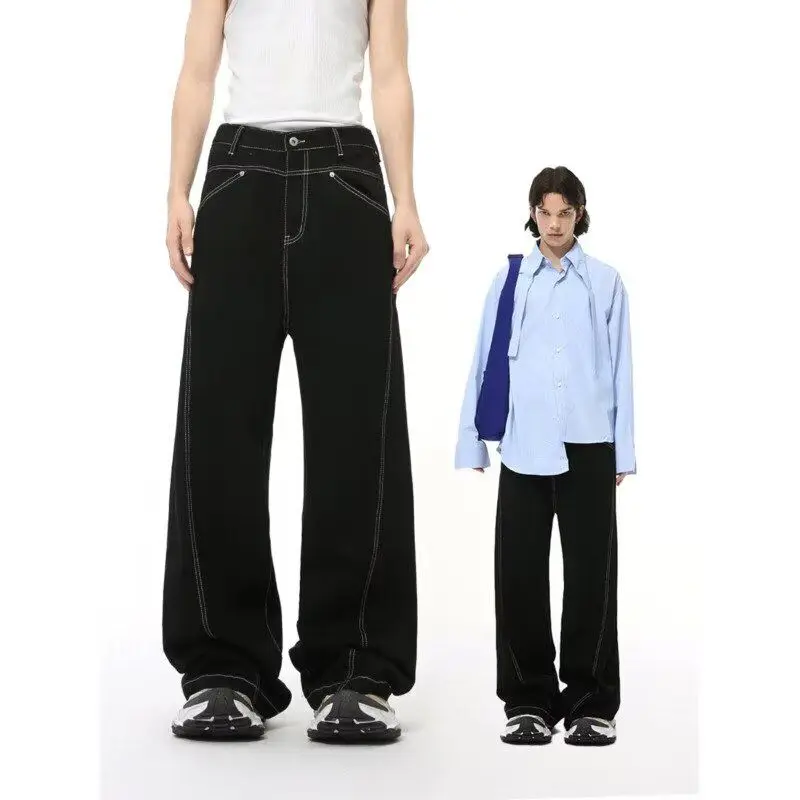 

American Sle Loose Wide Leg Waed out Knife Blue Jeans Casual Versatile Men's Jeans mid Waist Zipper Closure Slim Fit
