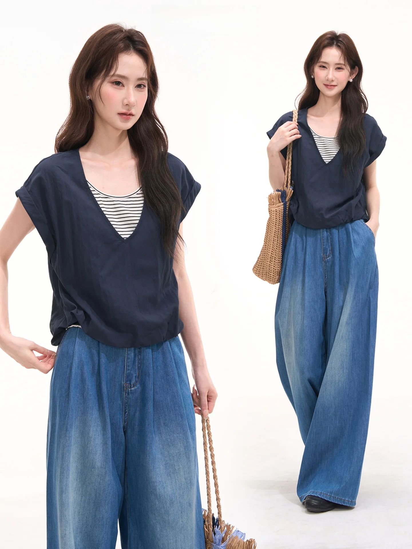 

Простая элегантная женская летняя блузка с V-образным вырезом и коротким рукавом, имитация двухслойности, повседневная свободная рубашка из полиэстера