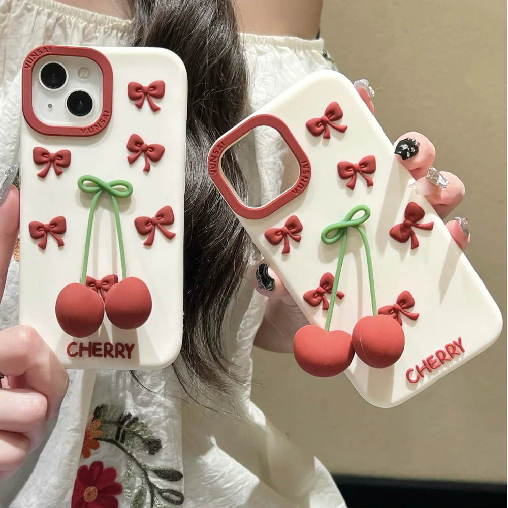 3D Cute Cartoon Bowknot Cherry Soft Silicone Phone Case for iPhone 17 16/15 /14/13/12 ProMax - Back Cover Protect,Durable Shell