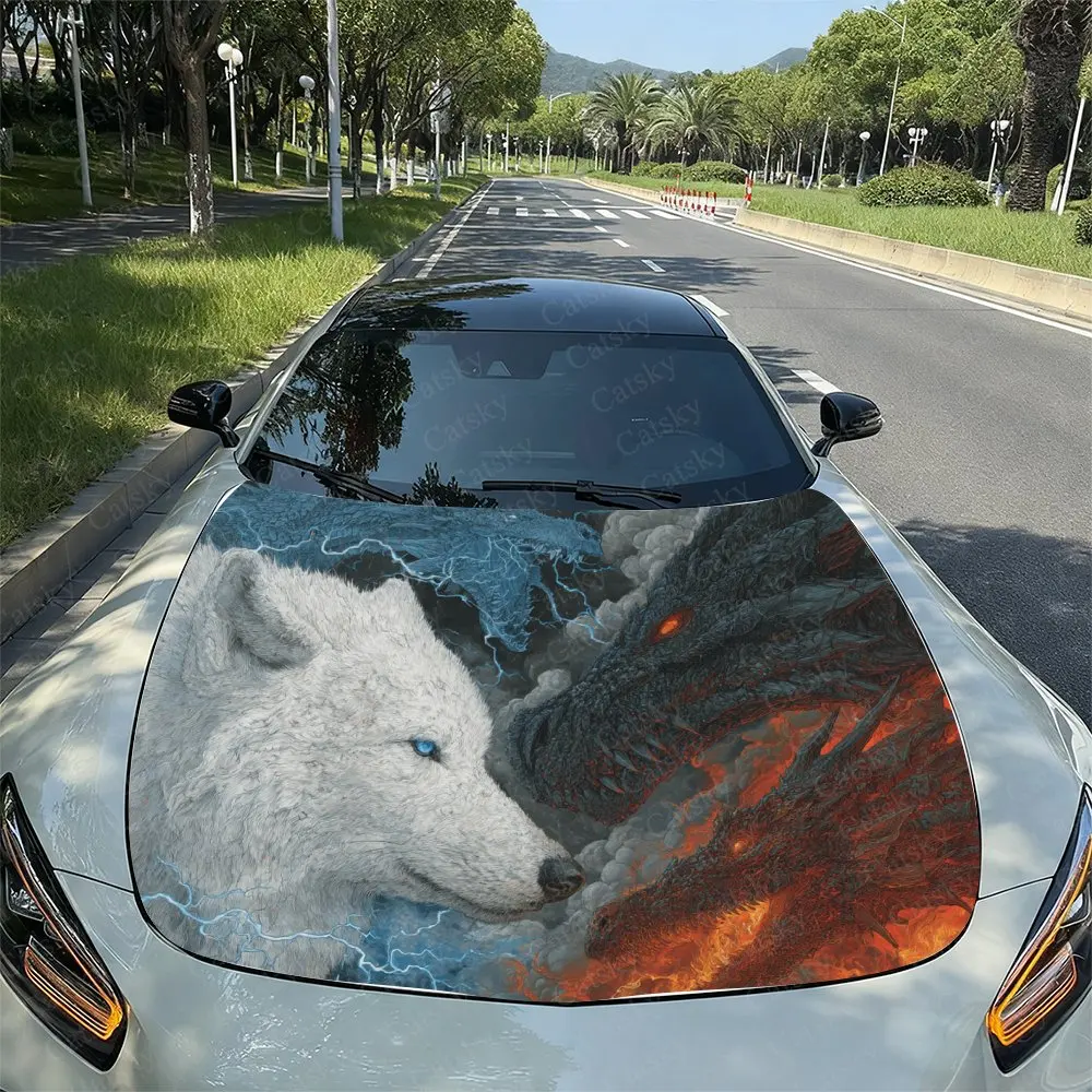 

The Duel Between Dragon And Wolf Car Vinyl Wraps Suitable For Most Vehicles, Car Engine Hood Protective Film Gift,Car Stickers F