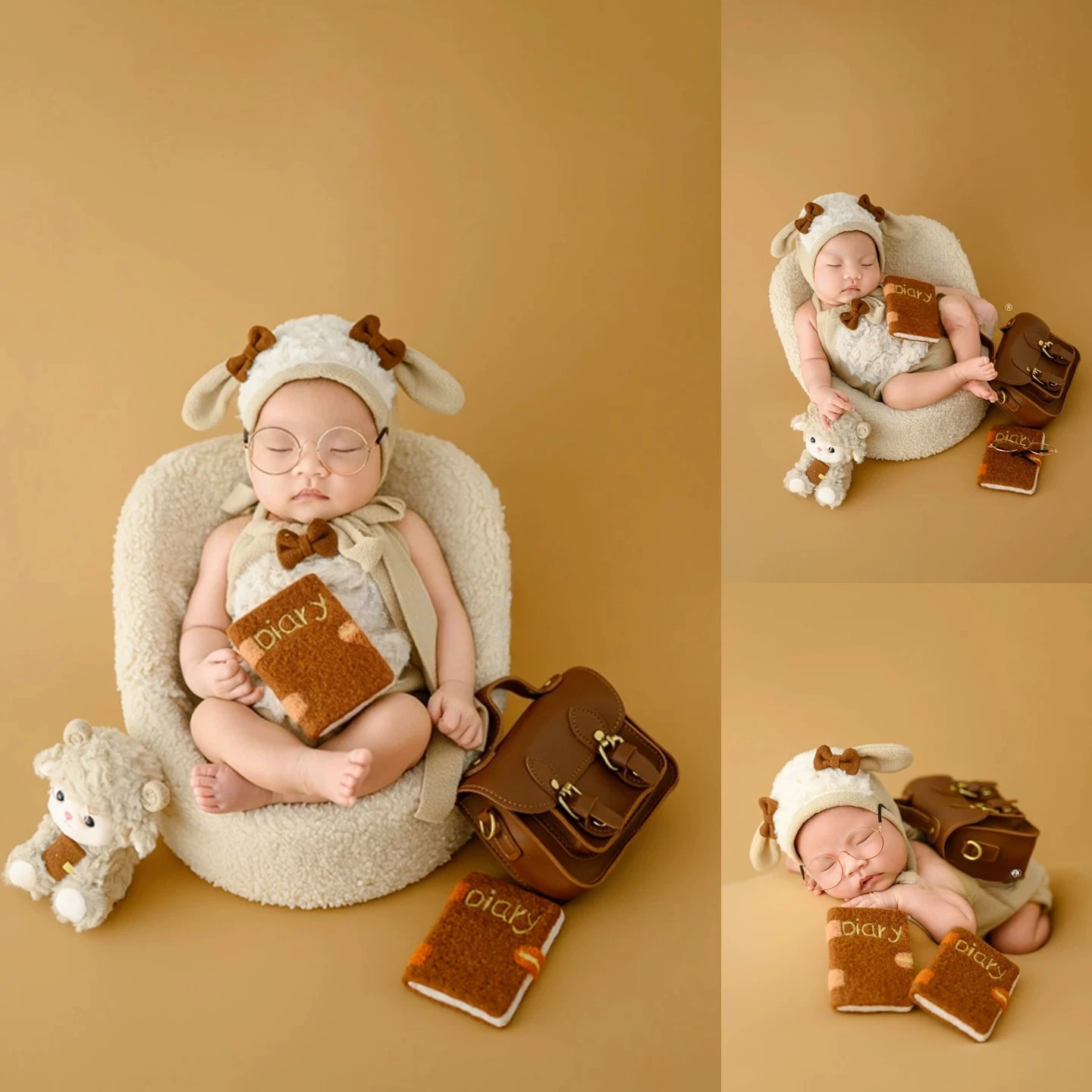 Newborn Photography Props Cute 2026 New Sheep Year Theme with Lamp Outfit School Bag Books Glasses Decor for Baby Photoshoot