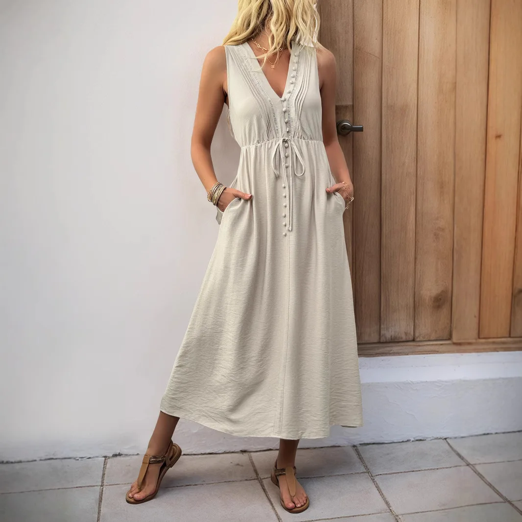 

European American Women's Summer New Solid Color V-neck Dress - Casual Sleeveless Pleated Pocket Dress