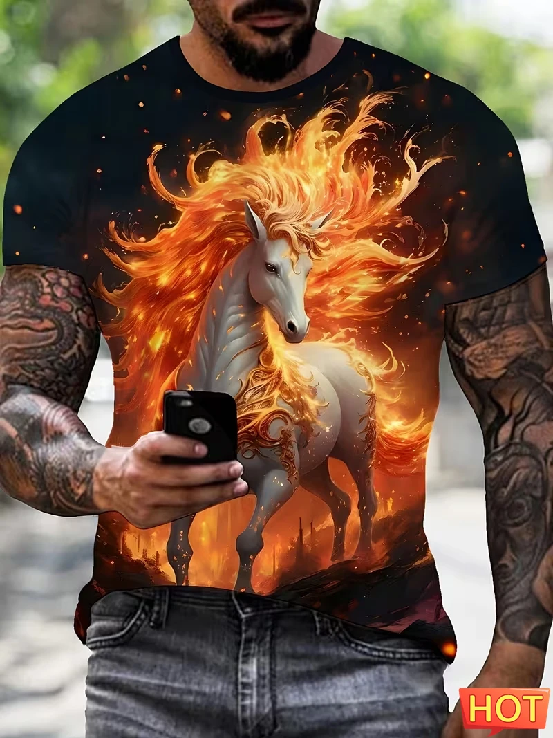 3D Printed Flame Horse Graphic Men's T-shirt, Comfortable And Casual Top short-sleeved T-shirt, Fashionable And Trendy New Tops