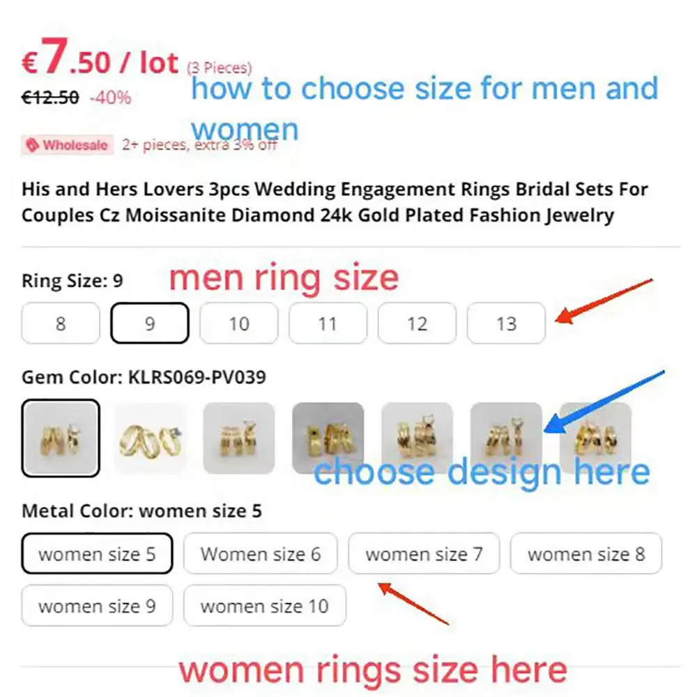 3pcs Wedding Engagement Rings Sets For Men and Women Bridal Lover Alliances 24k Gold Plated Jewery Marriage Couples Ring