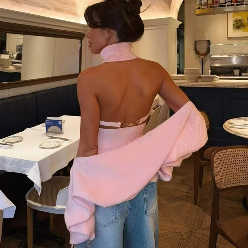 Sexy Women Knitted Sweater 2 Pieces Set Halter Open Back Knitted Crop Top Autumn Clothing Fashion Lady Cardigan Pullovers Pink
