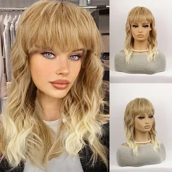 16Inch Short Mullet Wig with Bangs High Quality Ombre Blonde Wolf Cut Loose Wave Synthetic Wig for Women Everyday Wear Halloween