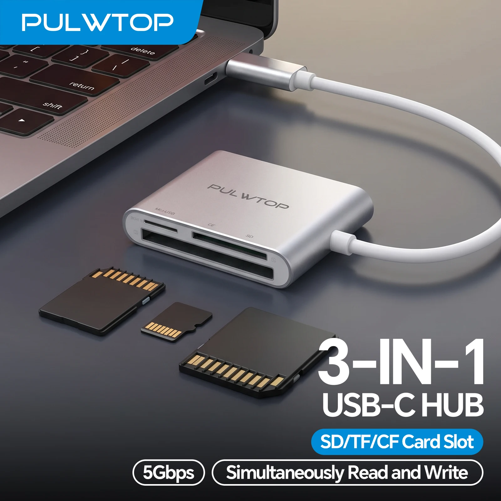 PULWTOP 3 in 1 USB-C Card Reader with CF/SD/MicroSD Slots, for iPhone 17, iPad, Mac, Compact Flash Memory Card Compatible