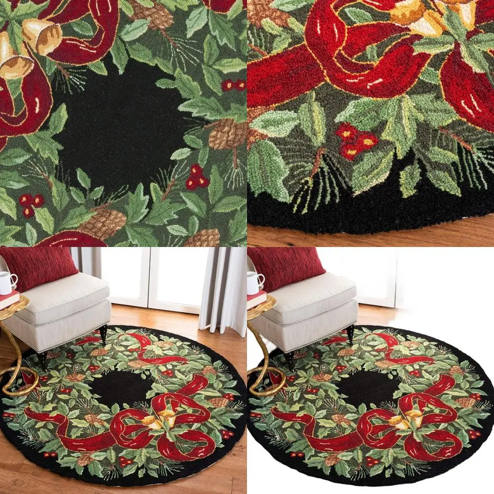 

4' Round Vintage-Style Black/Green Handcrafted Christmas Wreath Wool Rug