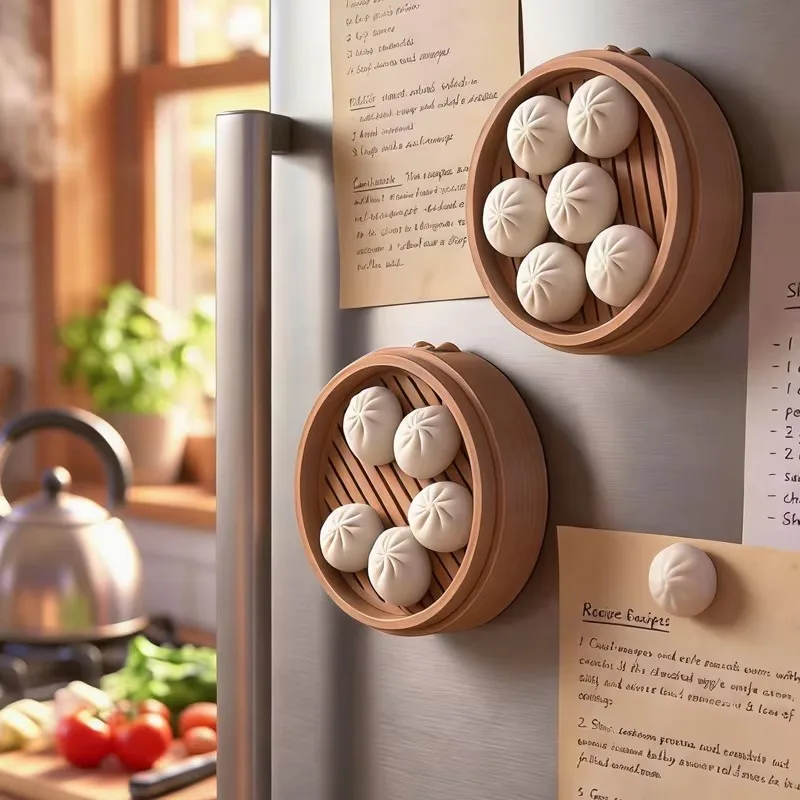 3D Mini Steamer Bun Dumpling Creative Fridge Magnet Kitchen Home Decoration Magnetic Sticker Note Holder DIY Label for Gift