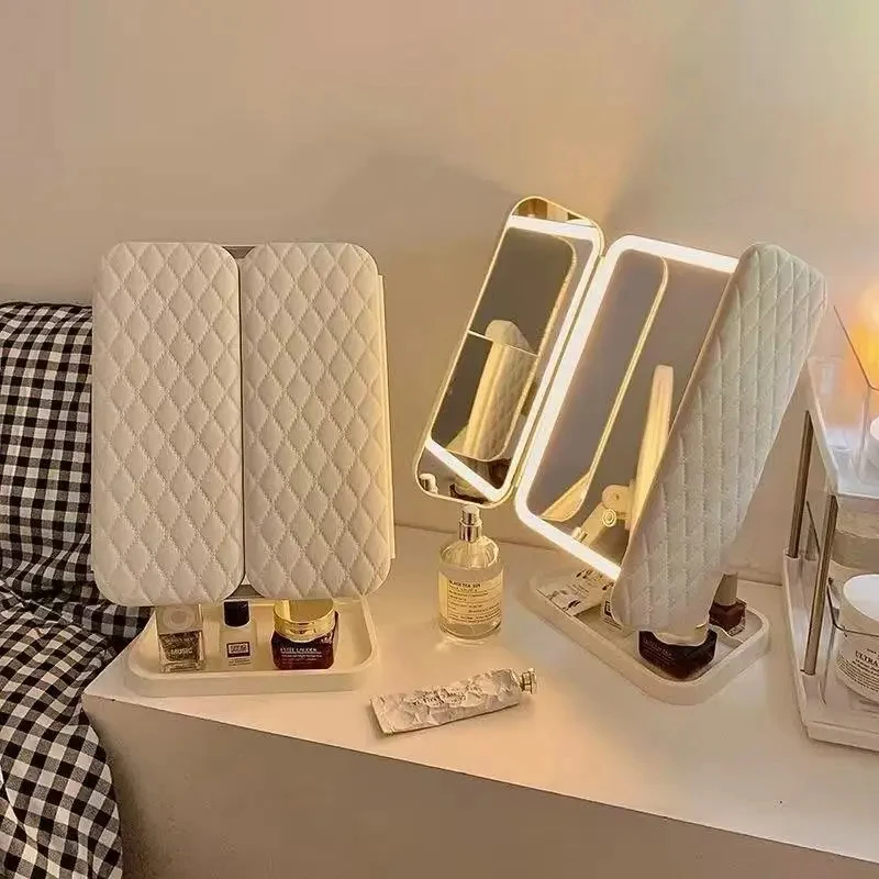LED Makeup Mirror Desktop with Light, Ins style，Three-sided Folding, Dormitory Desktop, Beauty and Bedroom Dressing Mirror，