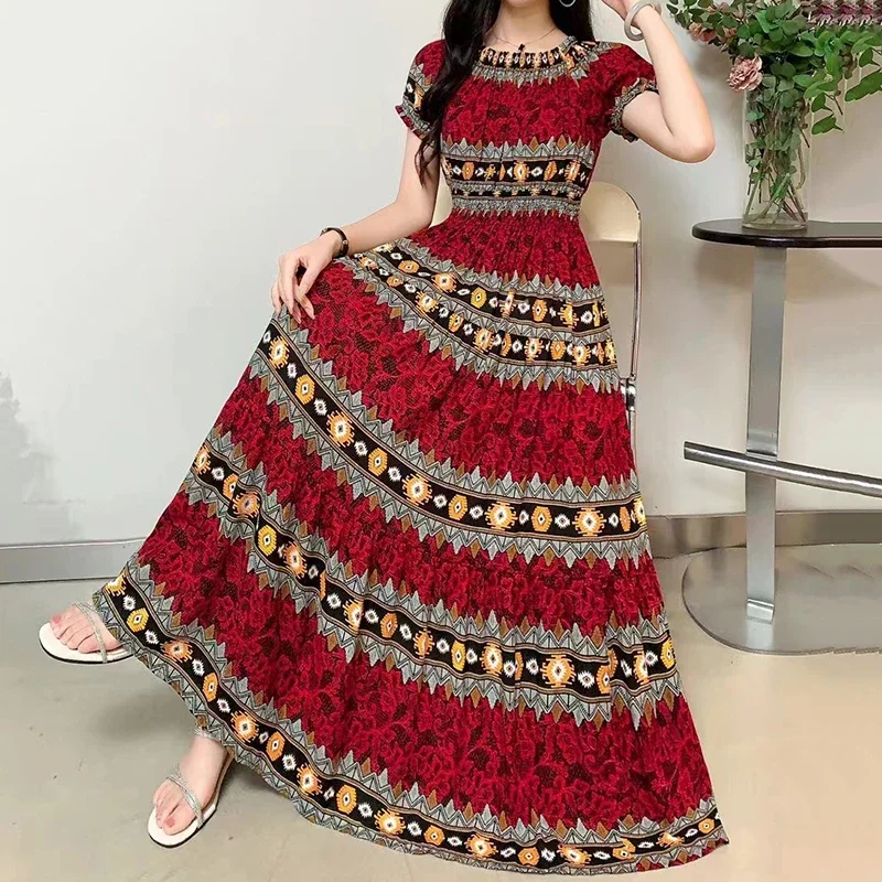 مثير مائل الرقبة فستان طويل المرأة الصيف الملابس الهندية البوهيمي القطن طباعة الأزهار بوهو الكورية الاسلوب المناسب تنورة كبيرة غير رسمية