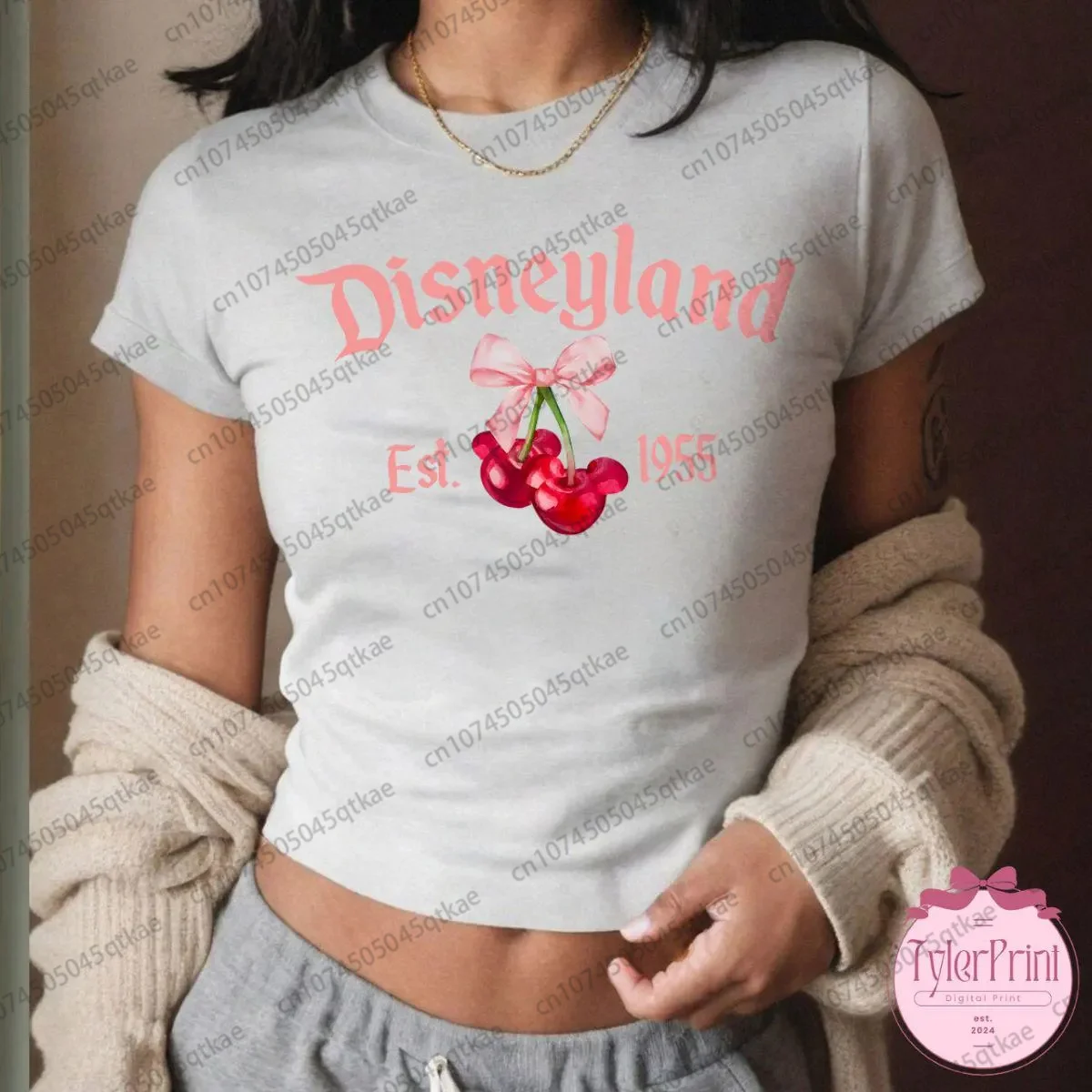 Coquette Bow Mickey Cherry Casual Tee Crop Top Disney Mickey Girly Aesthetic TShirt Summer Fashion Y2k Streetwear Women Clothing