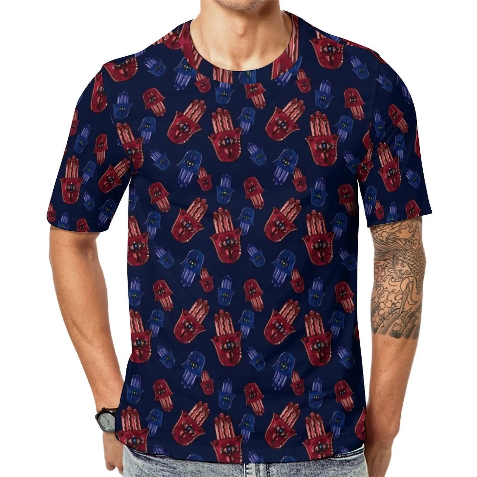 Hamsa Hand T Shirt For Male Red And Blue Graphic O Neck T-Shirts Original Cool  Clothing Short Sleeve Oversized Tee Shirt Gift