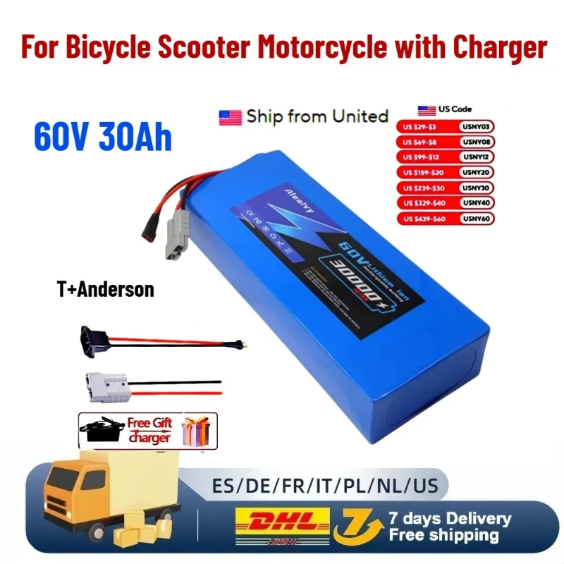 For Bicycle Scooter Motorcycle with Charger Aleaivy 60V 30Ah Electric Bike Lithium Battery Pack 30000mAh Li ion Ebike Battery