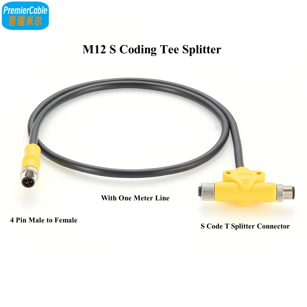 M12 S Coding Tee Splitter 4 Pin S Code Molded Cable Connector T Splitter Circular Adapter IP67 Extension Power Cable Cordset