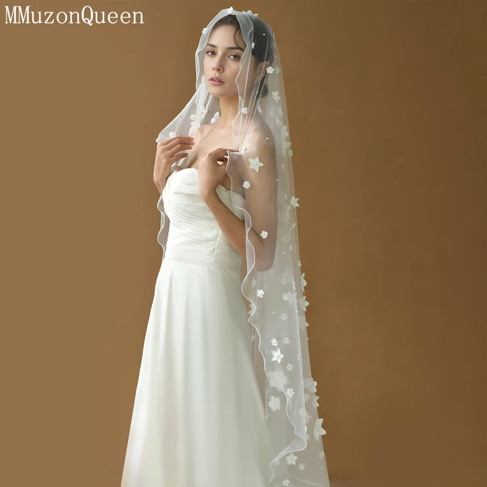 MMQ Bride Wedding 3 Meters Long Tail Auditorium White Flowers Pearl without Hair Comb Elegant Luxury  M28