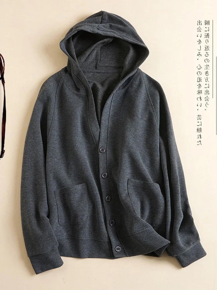 

Осень-зима, новая свободная утягивающая толстовка с капюшоном Jaet, женская повседневная однотонная удобная длинная верхняя одежда на пуговицах