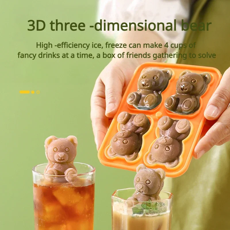 Zackoo 4Grid 3D Bear Ice Cube Tray Mould Home Frozen Coffee Milk Tea Ice Cream Maker Silicone Molds Pastry Kitchen Acceesories