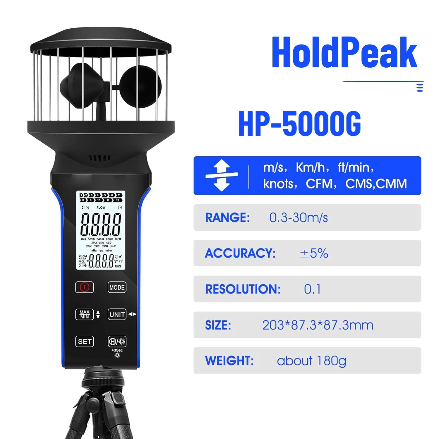 HoldPeak HP-5000G Multi-Function Anemometer, Measures Wind Speed, Air Volume, and Temperature with Backlit Display (Blue)