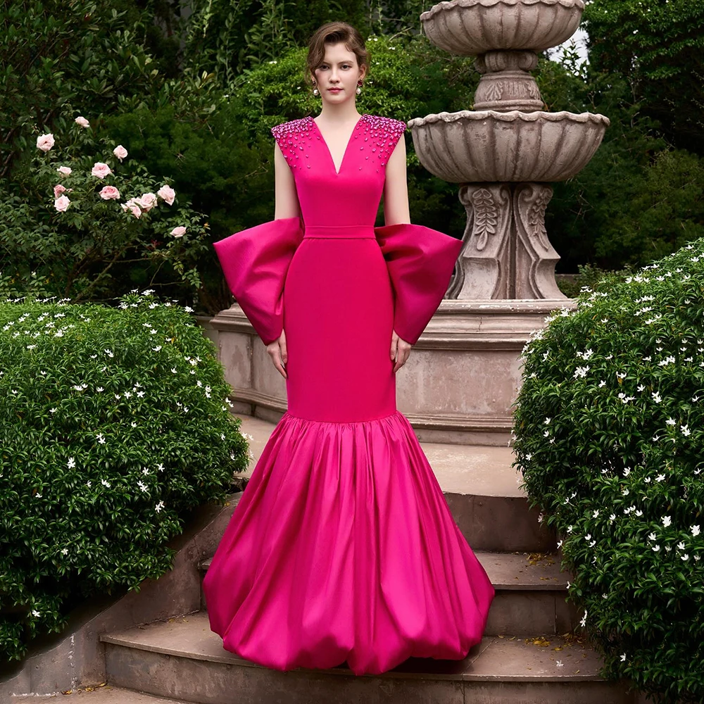 

Customized V-neck Crystal Jersey SImple Evening Dress With Zipper Draped Jersey Party Dress Sleeveless Floor Length Prom Gown