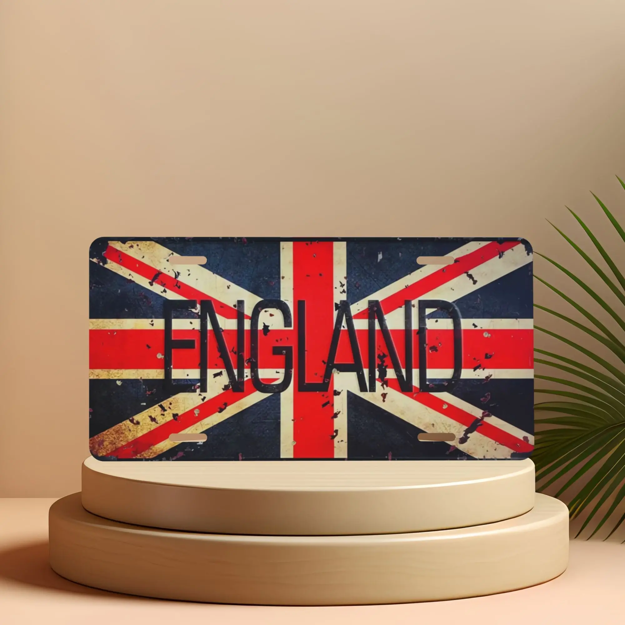 Placa de matrícula de metal con bandera vintage de Inglaterra, etiqueta decorativa personalizada para automóvil Union Jack con acabado desgastado, para vehículo o hogar