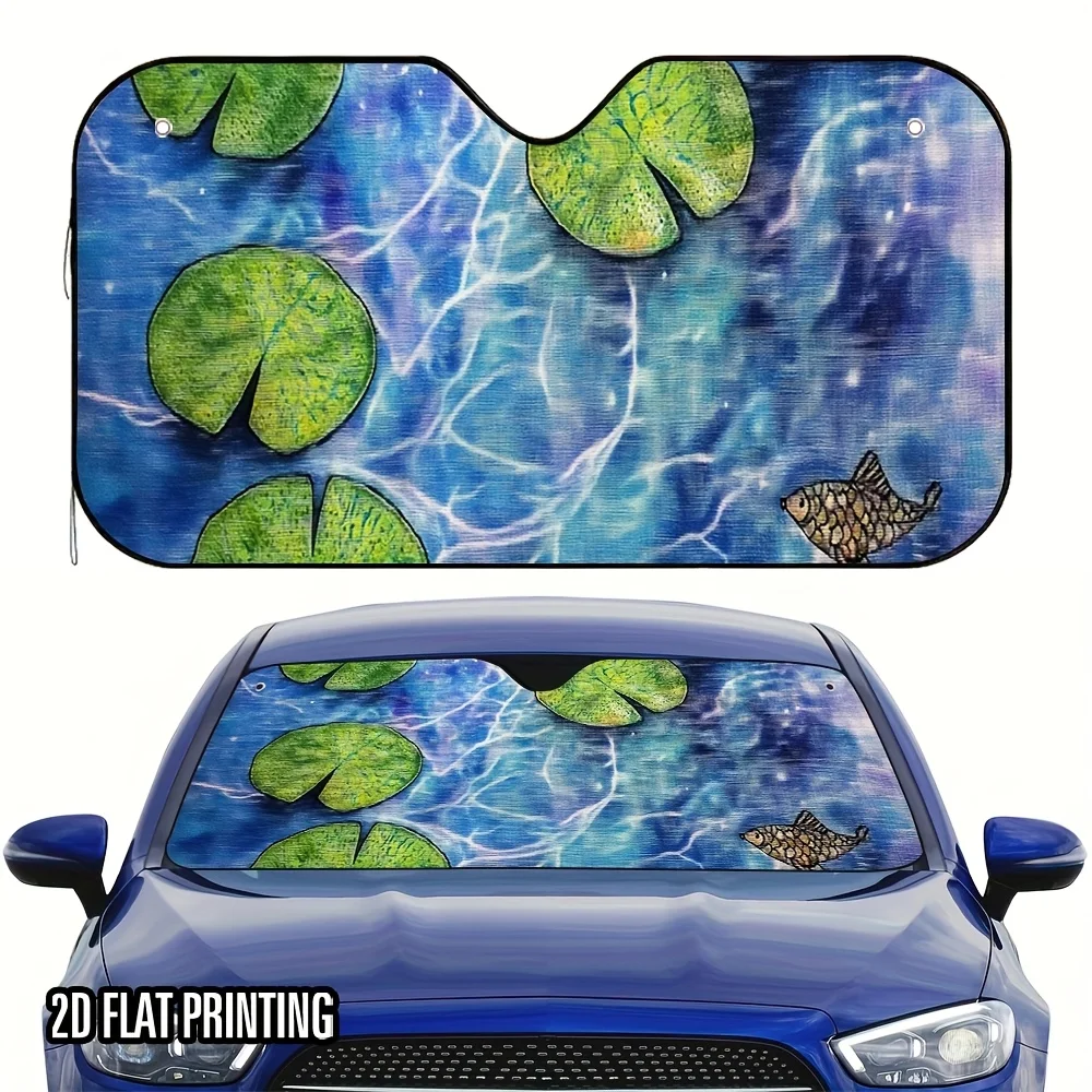 1pc 2D Flat Goose Palm For Lotus Pond Fun Print Car Sunshade – Stylish & Cool, Includes 4 Suction Cups, Easy To Install & Fold,
