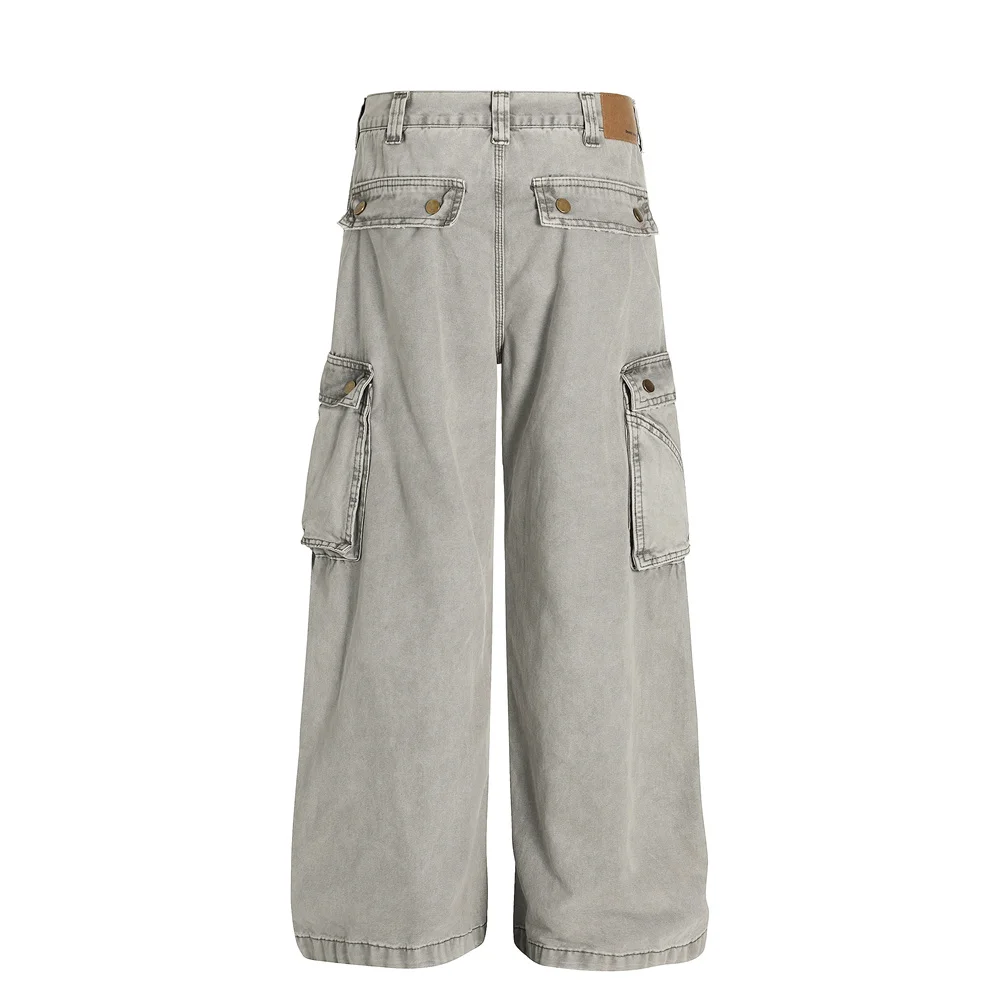 Multi-Pocket Cargo Jeans Herren Retro High Street Washed Distressed Straight Wide Leg Hose Herren – Detail 7