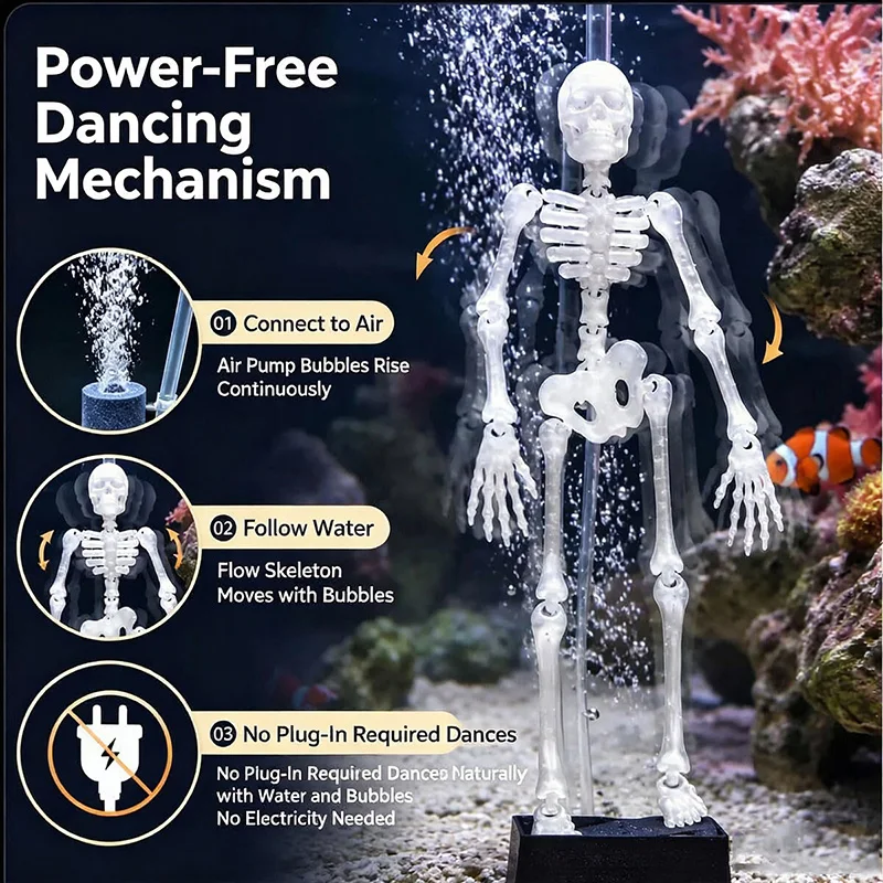 Halloween Dancing Skeleton Aquarium Bubbler Decor 3D Printed Resin Swing Skull Ornament Complete Air Hose Fish Tank Decoration