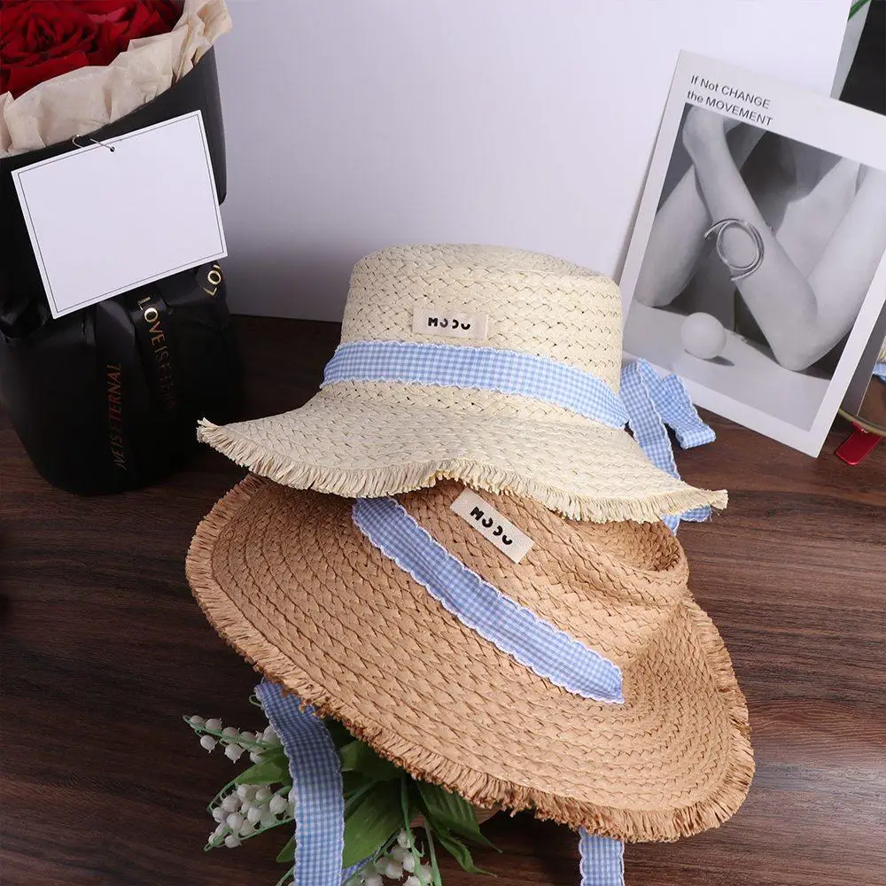 Lace-up Straw Weave Sun Hat Stripe Letter Summer Sunscreen Bucket Hat Riding Hat Japanese Style Bowknot Beach Sun Cap