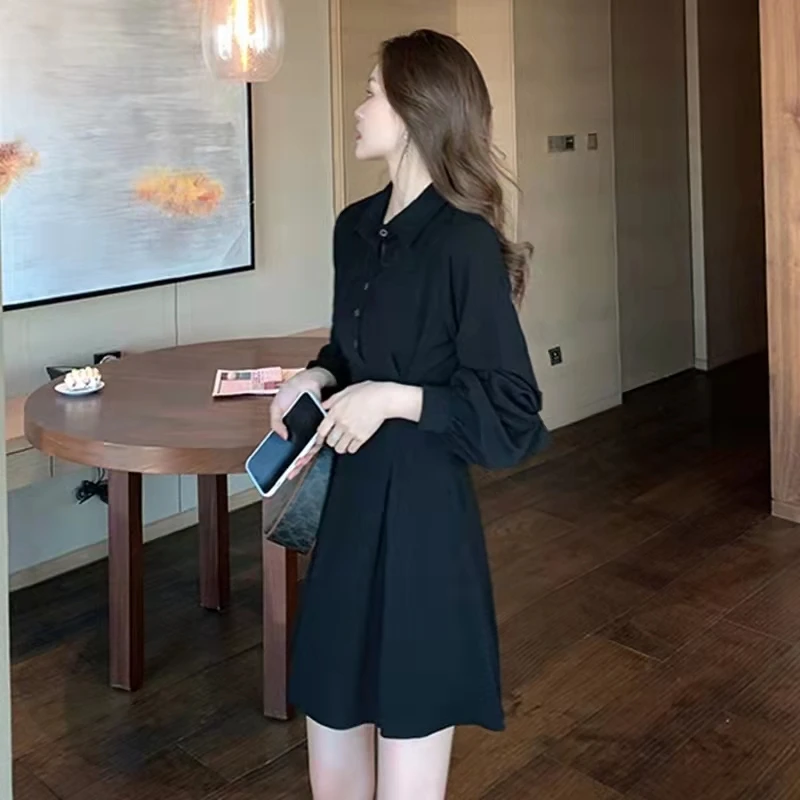 Fashion Black Wrap Shirt DressWomen Office Ladies Elegant Short Dresses2023 Korean Style  Casual Robes Female Autumn