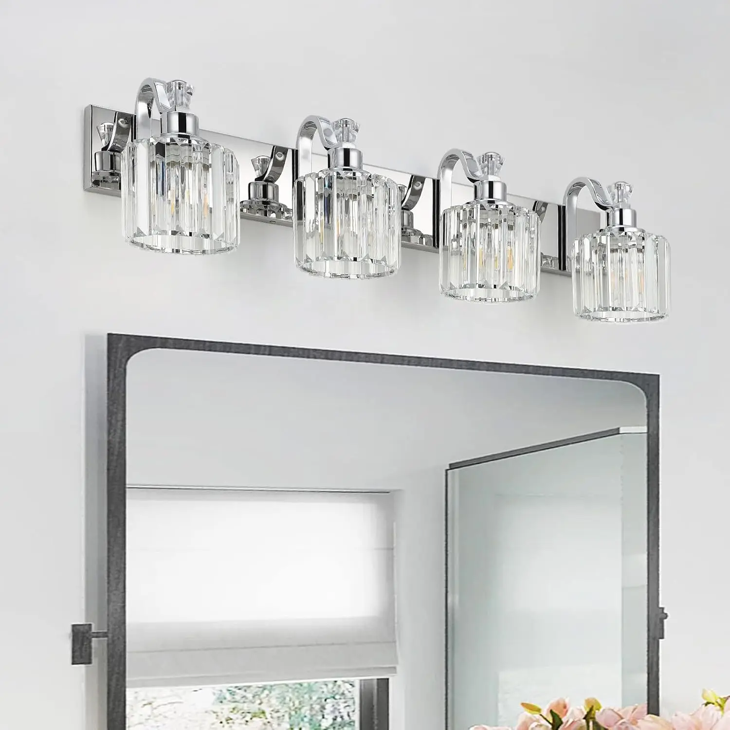 4 Lights Crystal Vanity Lights Chrome Led Lighting Fixtures Over Mirror Glass E26 Base Bulb Wall Lamp for Bathroom Bedroom