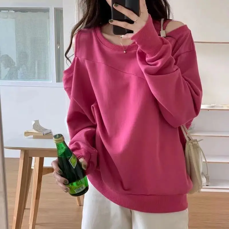 Spring Autumn Round Neck Off the Shoulder All-match Casual Sweatshirt Ladies Hollow Out Solid Color Top Women Oversized Pullover