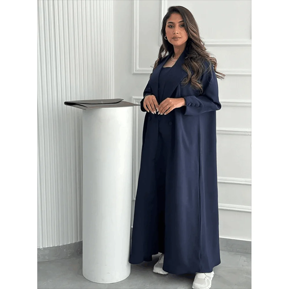 Veste longue bleu marine pour femme, manteau croisé, robe longueur rinçage formelle, mode féminine, 03